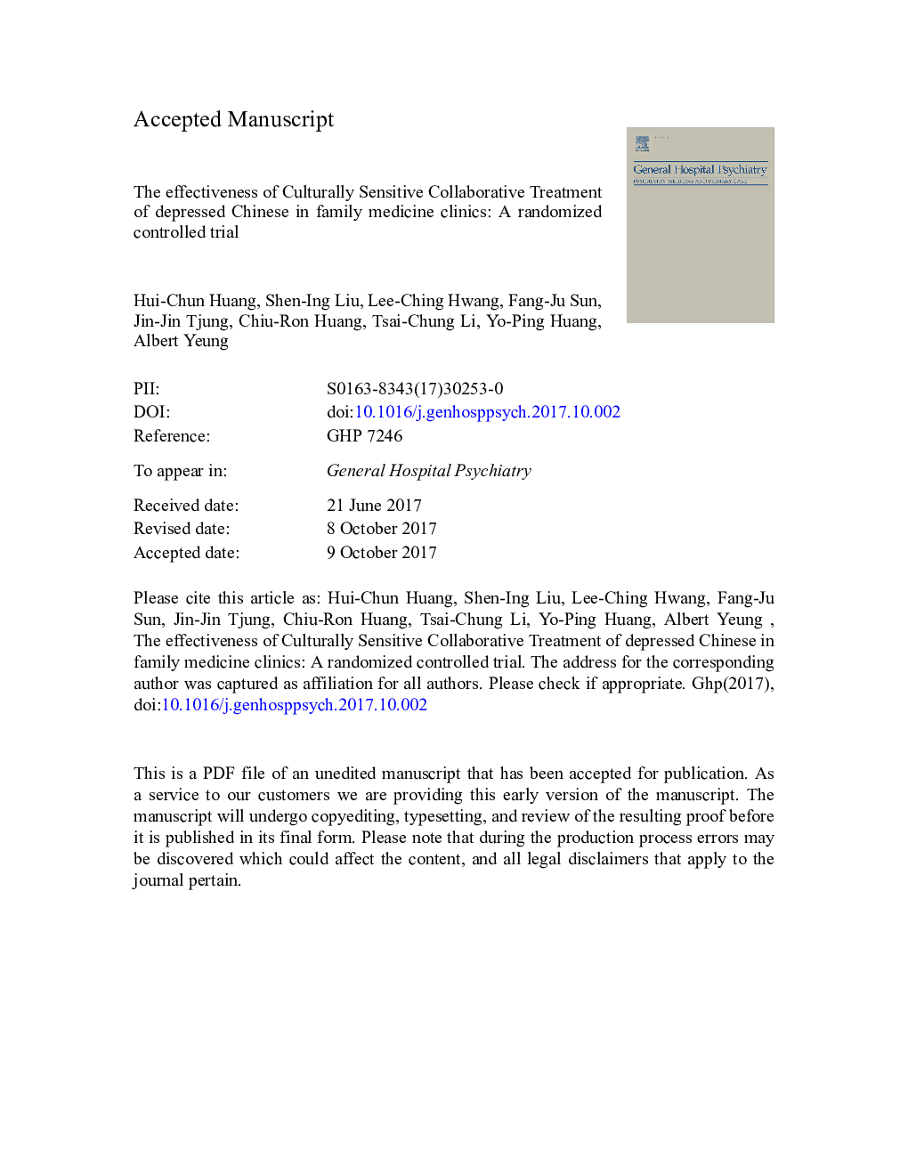 The effectiveness of Culturally Sensitive Collaborative Treatment of depressed Chinese in family medicine clinics: A randomized controlled trial