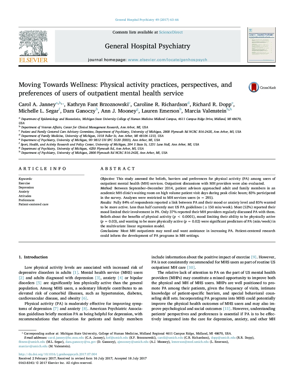 Moving Towards Wellness: Physical activity practices, perspectives, and preferences of users of outpatient mental health service