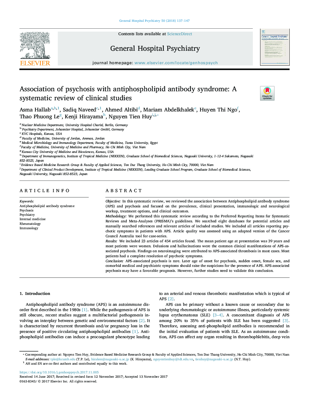 Association of psychosis with antiphospholipid antibody syndrome: A systematic review of clinical studies