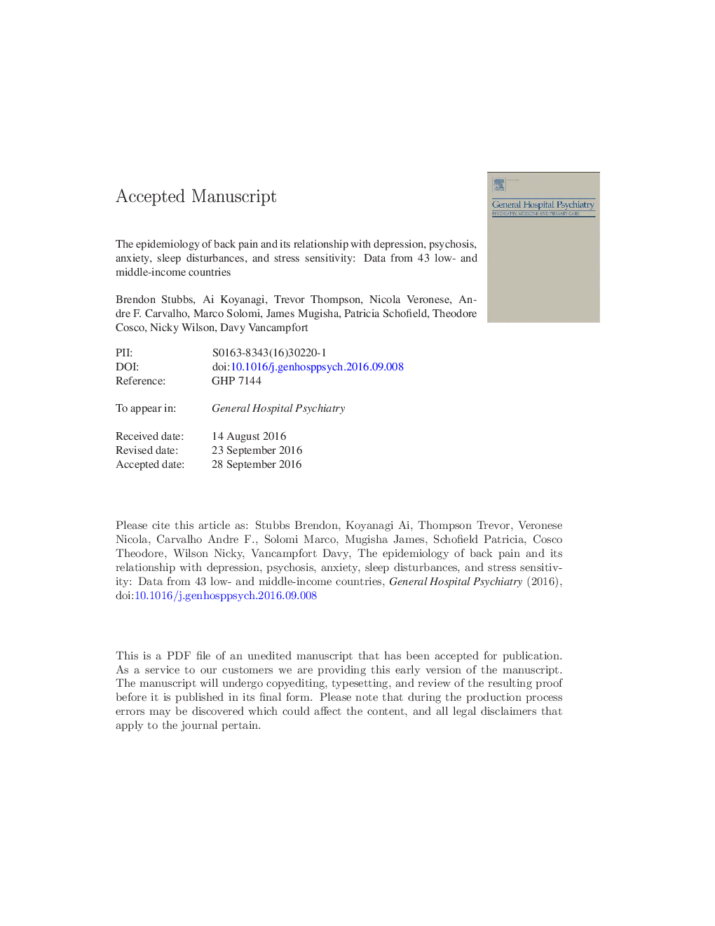 The epidemiology of back pain and its relationship with depression, psychosis, anxiety, sleep disturbances, and stress sensitivity: Data from 43 low- and middle-income countries