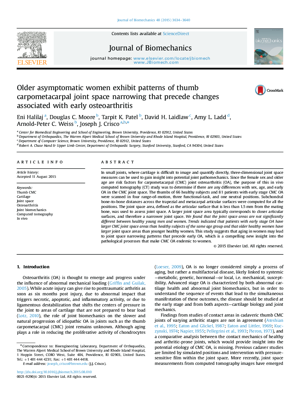 Older asymptomatic women exhibit patterns of thumb carpometacarpal joint space narrowing that precede changes associated with early osteoarthritis