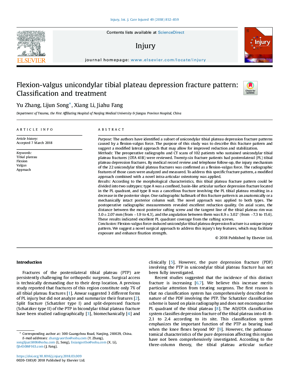 Flexion-valgus unicondylar tibial plateau depression fracture pattern: Classification and treatment