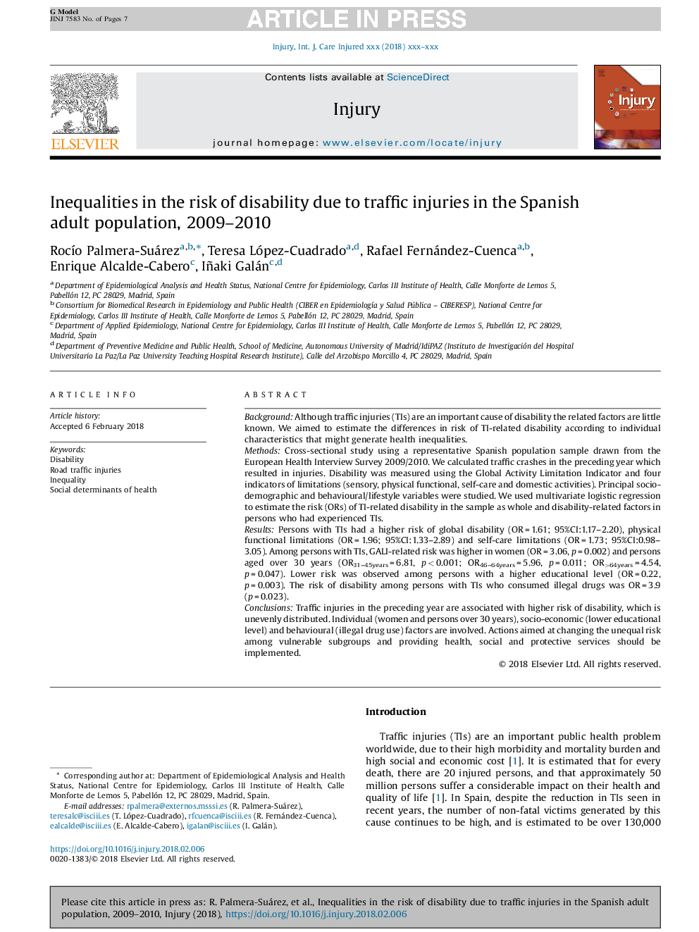 نابرابری در معرض خطر ناتوانی ناشی از آسیب های ترافیکی در بزرگسالان اسپانیا، 2009-2010 