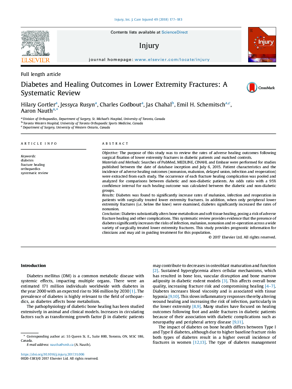 Diabetes and Healing Outcomes in Lower Extremity Fractures: A Systematic Review