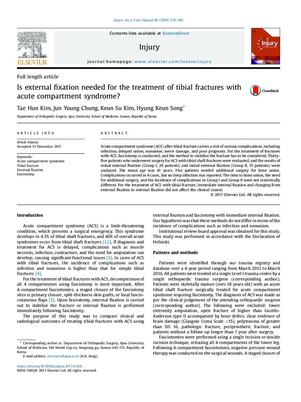 Is external fixation needed for the treatment of tibial fractures with acute compartment syndrome?