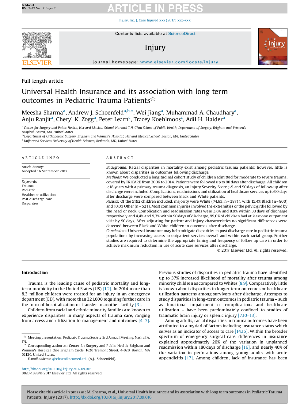 Universal Health Insurance and its association with long term outcomes in Pediatric Trauma Patients