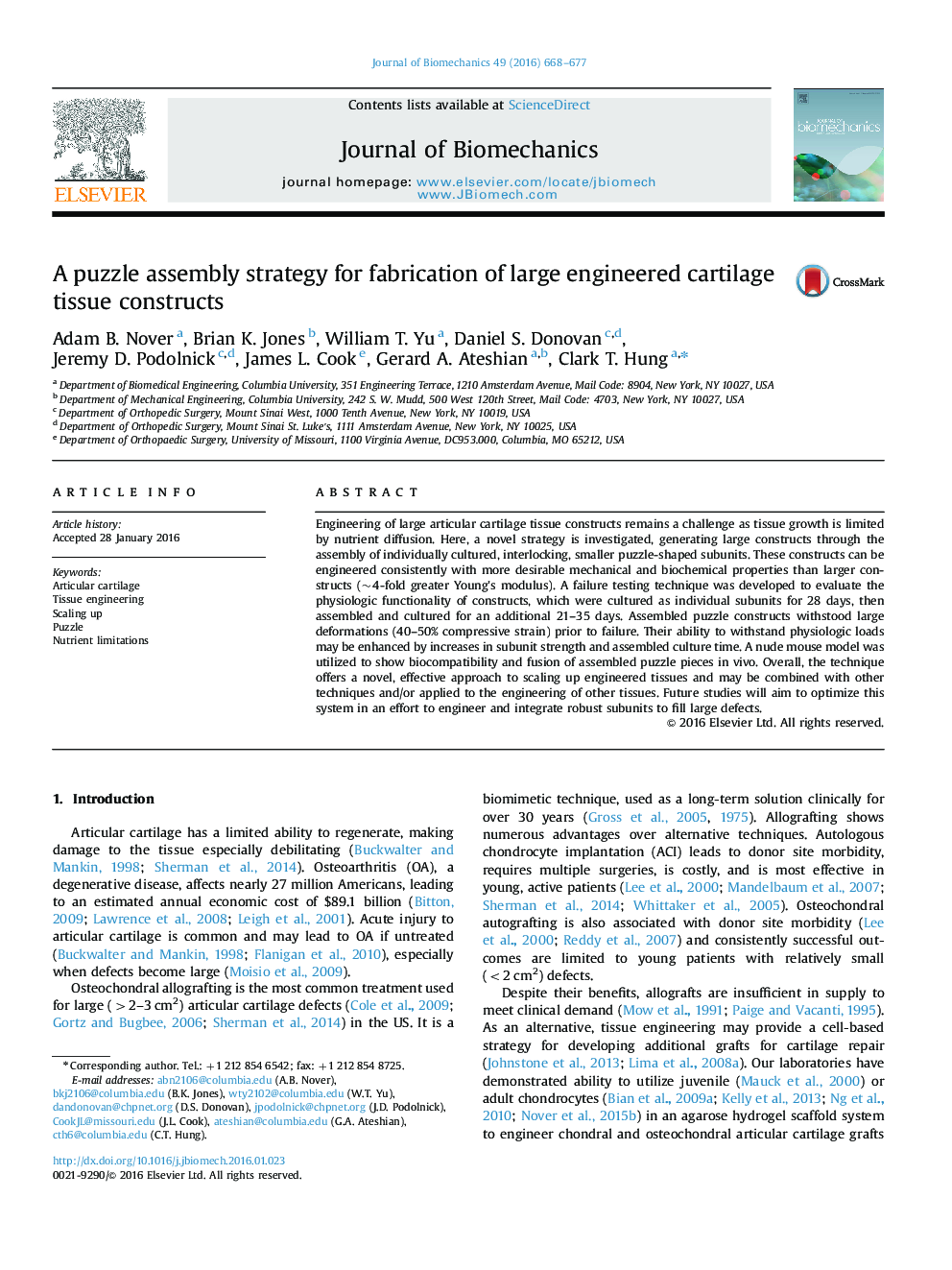 A puzzle assembly strategy for fabrication of large engineered cartilage tissue constructs