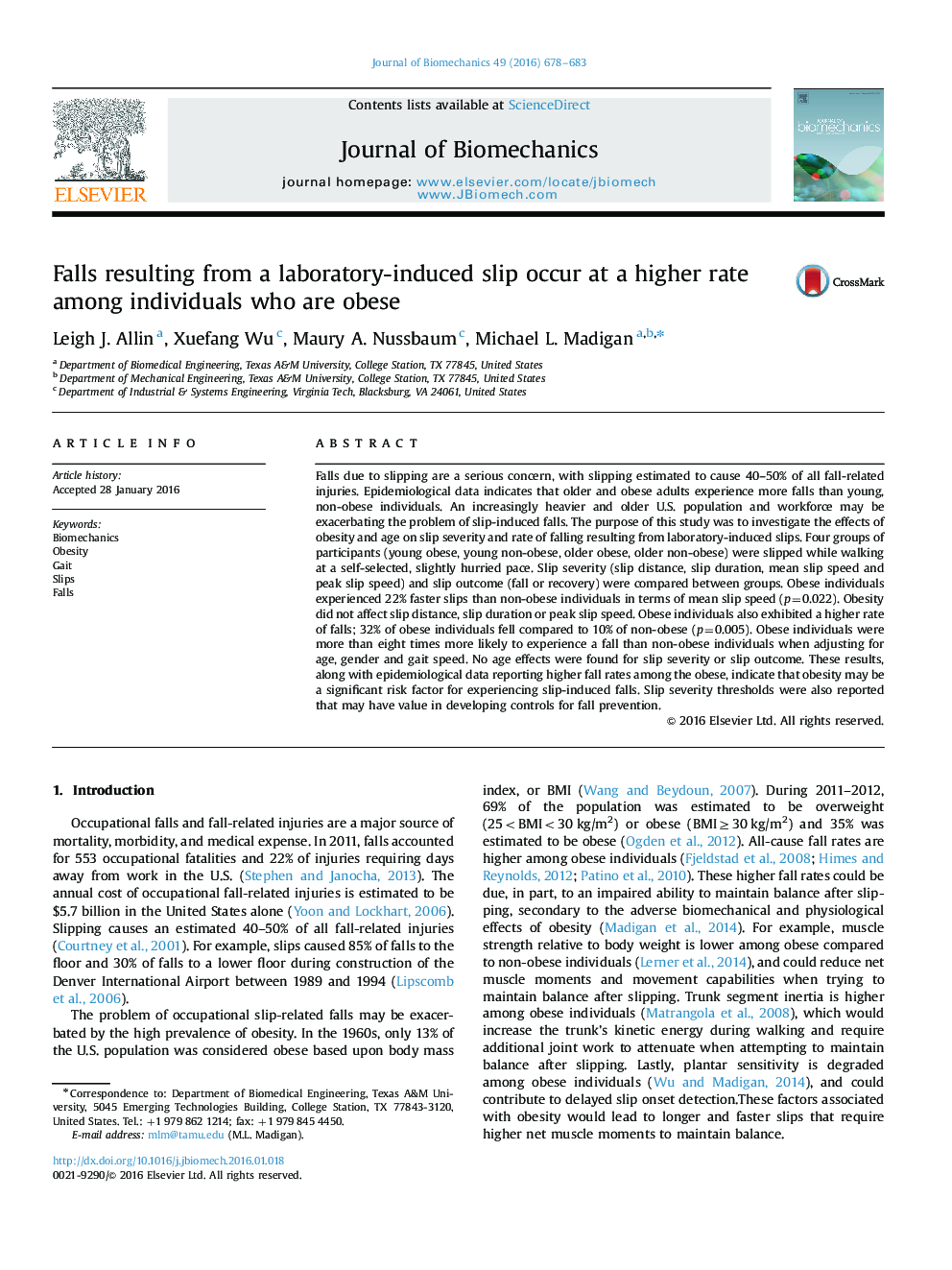 Falls resulting from a laboratory-induced slip occur at a higher rate among individuals who are obese