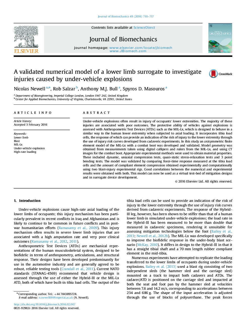 A validated numerical model of a lower limb surrogate to investigate injuries caused by under-vehicle explosions