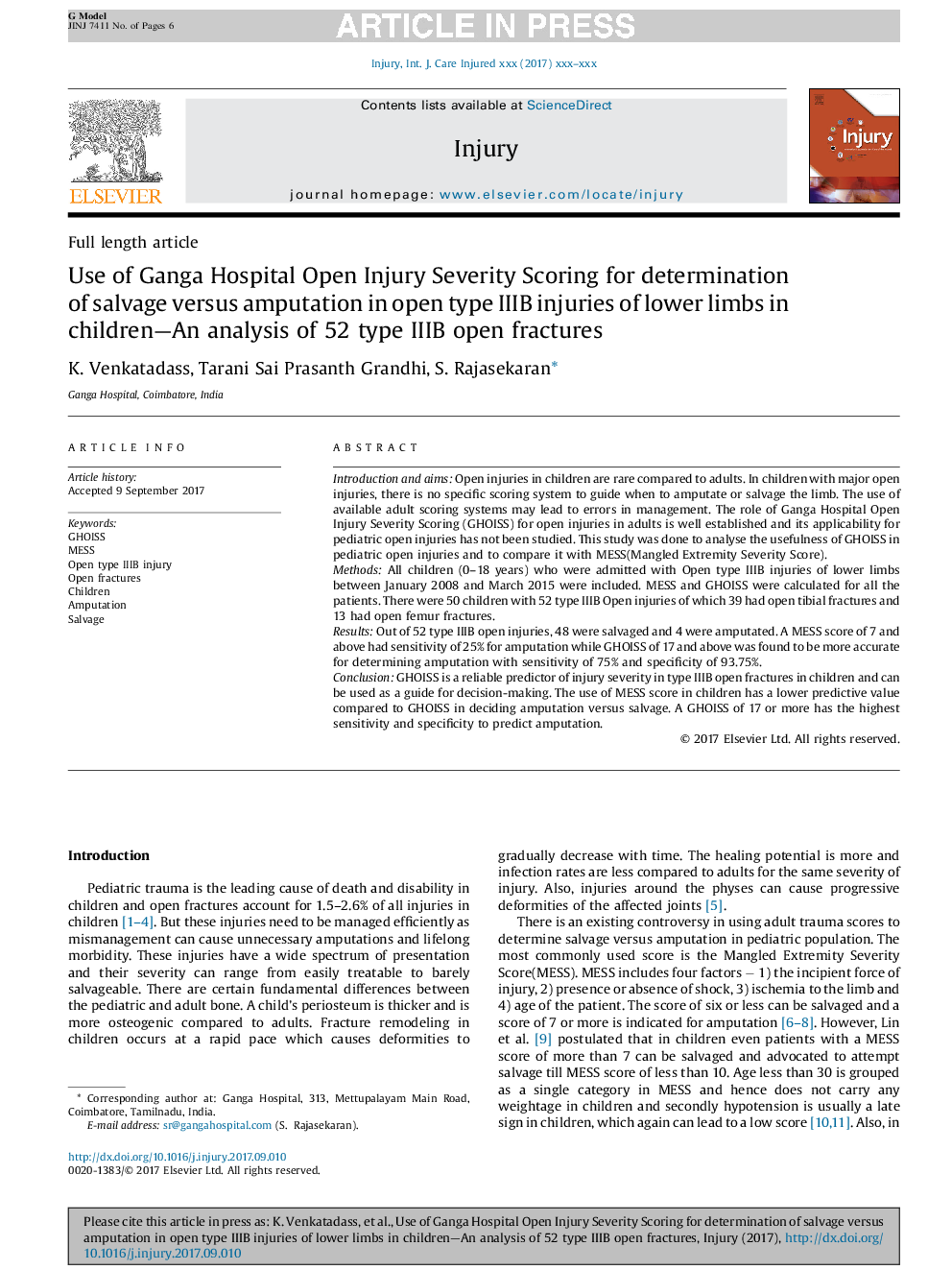 Use of Ganga Hospital Open Injury Severity Scoring for determination of salvage versus amputation in open type IIIB injuries of lower limbs in children-An analysis of 52 type IIIB open fractures