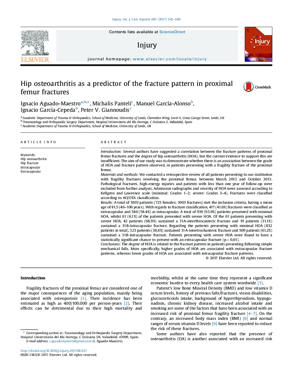 Hip osteoarthritis as a predictor of the fracture pattern in proximal femur fractures