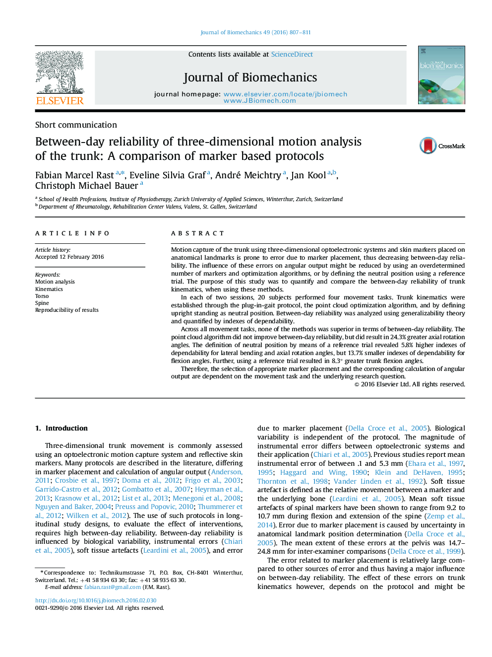 Between-day reliability of three-dimensional motion analysis of the trunk: A comparison of marker based protocols