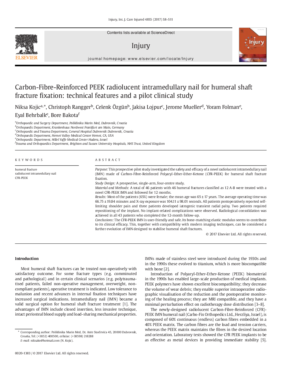 Carbon-Fibre-Reinforced PEEK radiolucent intramedullary nail for humeral shaft fracture fixation: technical features and a pilot clinical study