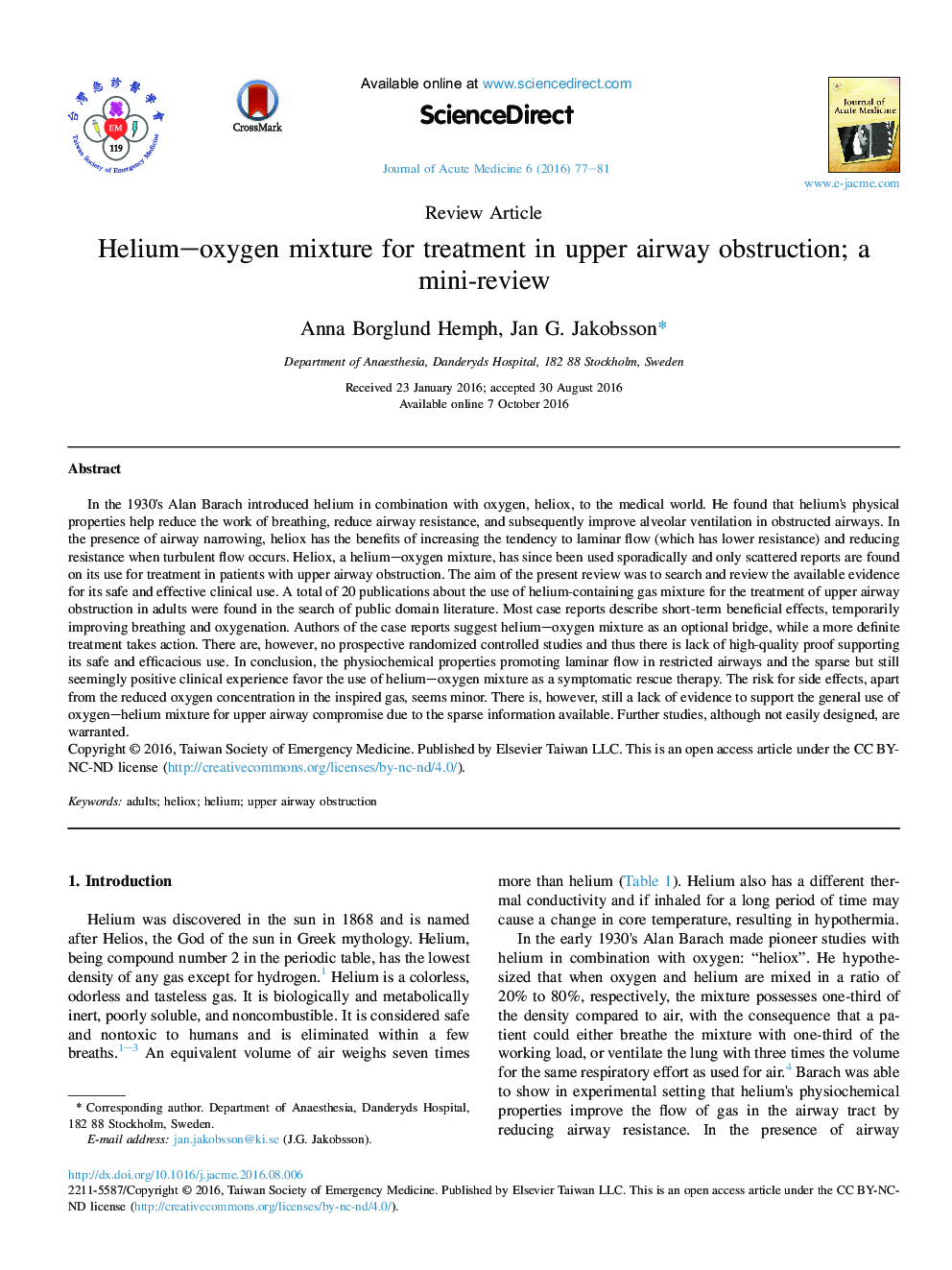 Helium-oxygen mixture for treatment in upper airway obstruction; a mini-review