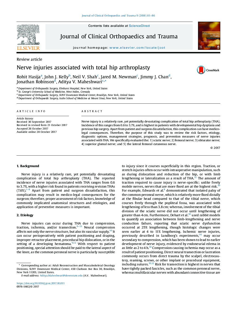 Nerve injuries associated with total hip arthroplasty