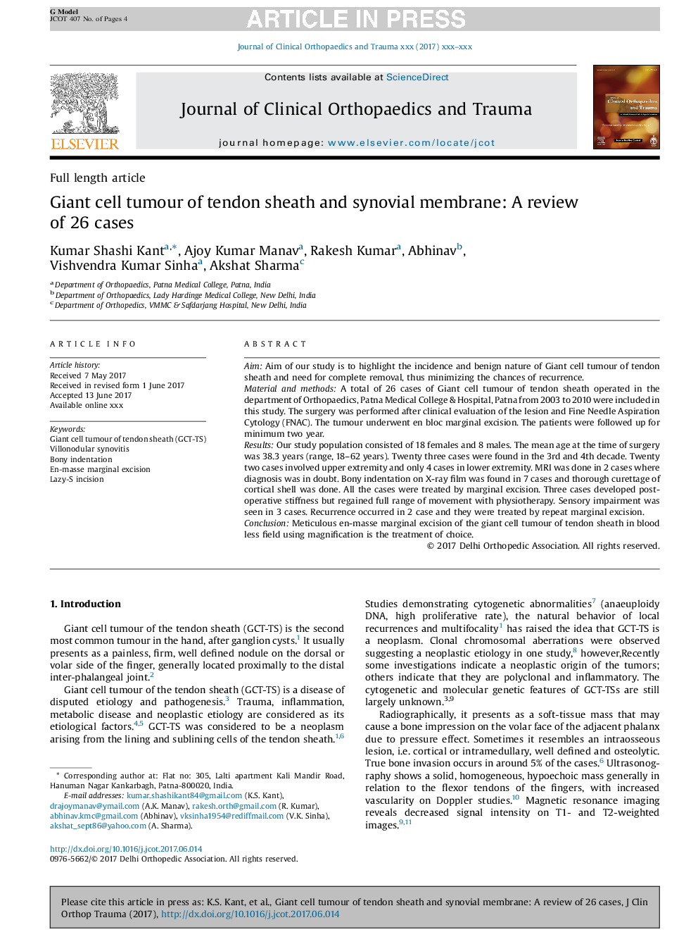 Giant cell tumour of tendon sheath and synovial membrane: A review of 26 cases