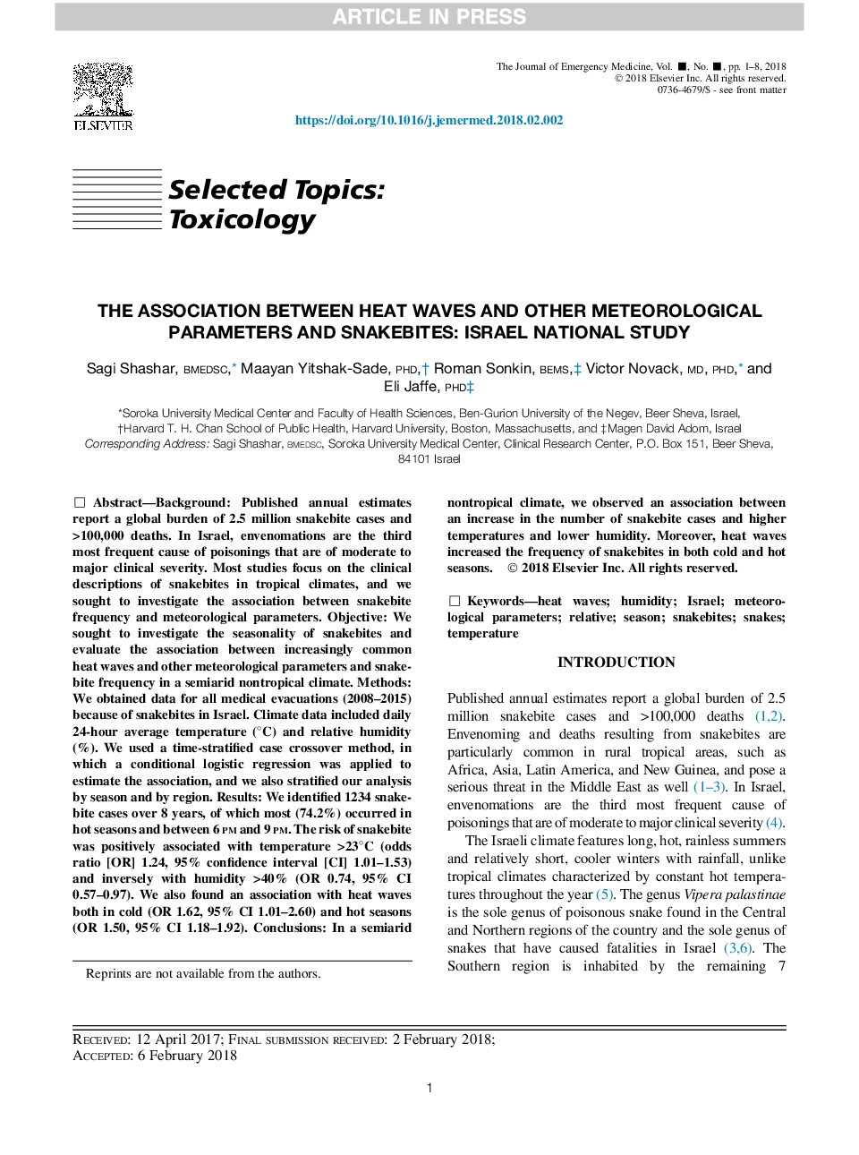 The Association Between Heat Waves and Other Meteorological Parameters and Snakebites: Israel National Study