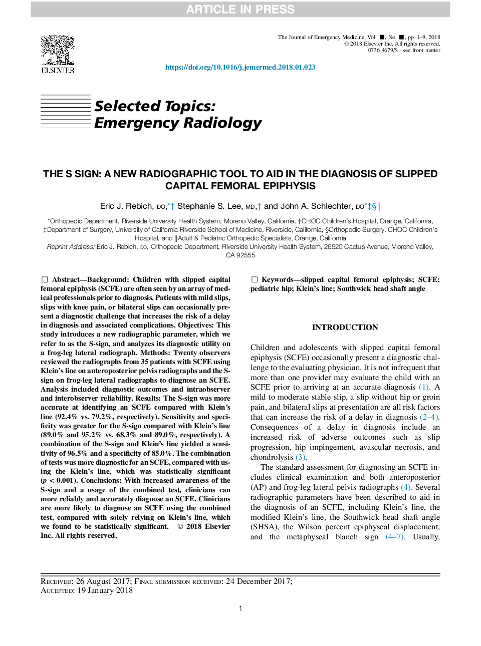 The S Sign: A New Radiographic Tool to Aid in the Diagnosis of Slipped Capital Femoral Epiphysis