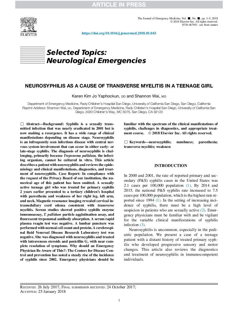 Neurosyphilis as a Cause of Transverse Myelitis in a Teenage Girl