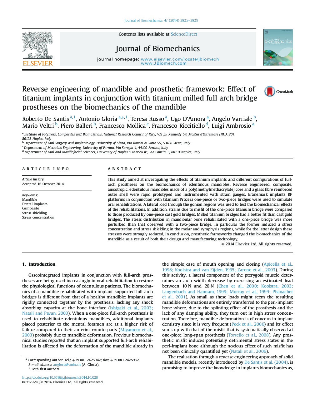Reverse engineering of mandible and prosthetic framework: Effect of titanium implants in conjunction with titanium milled full arch bridge prostheses on the biomechanics of the mandible