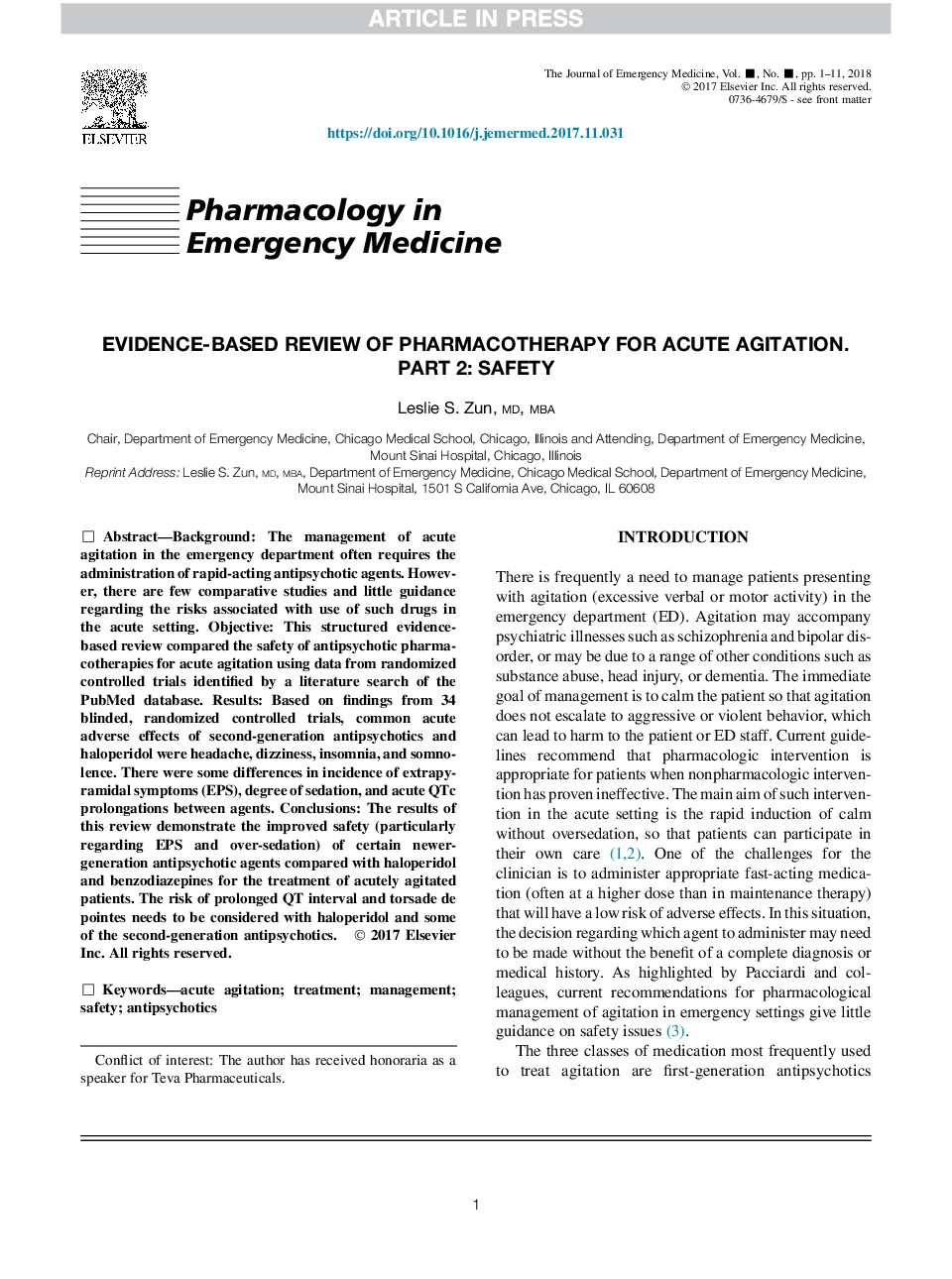 Evidence-Based Review Of Pharmacotherapy For Acute Agitation. Part 2: Safety