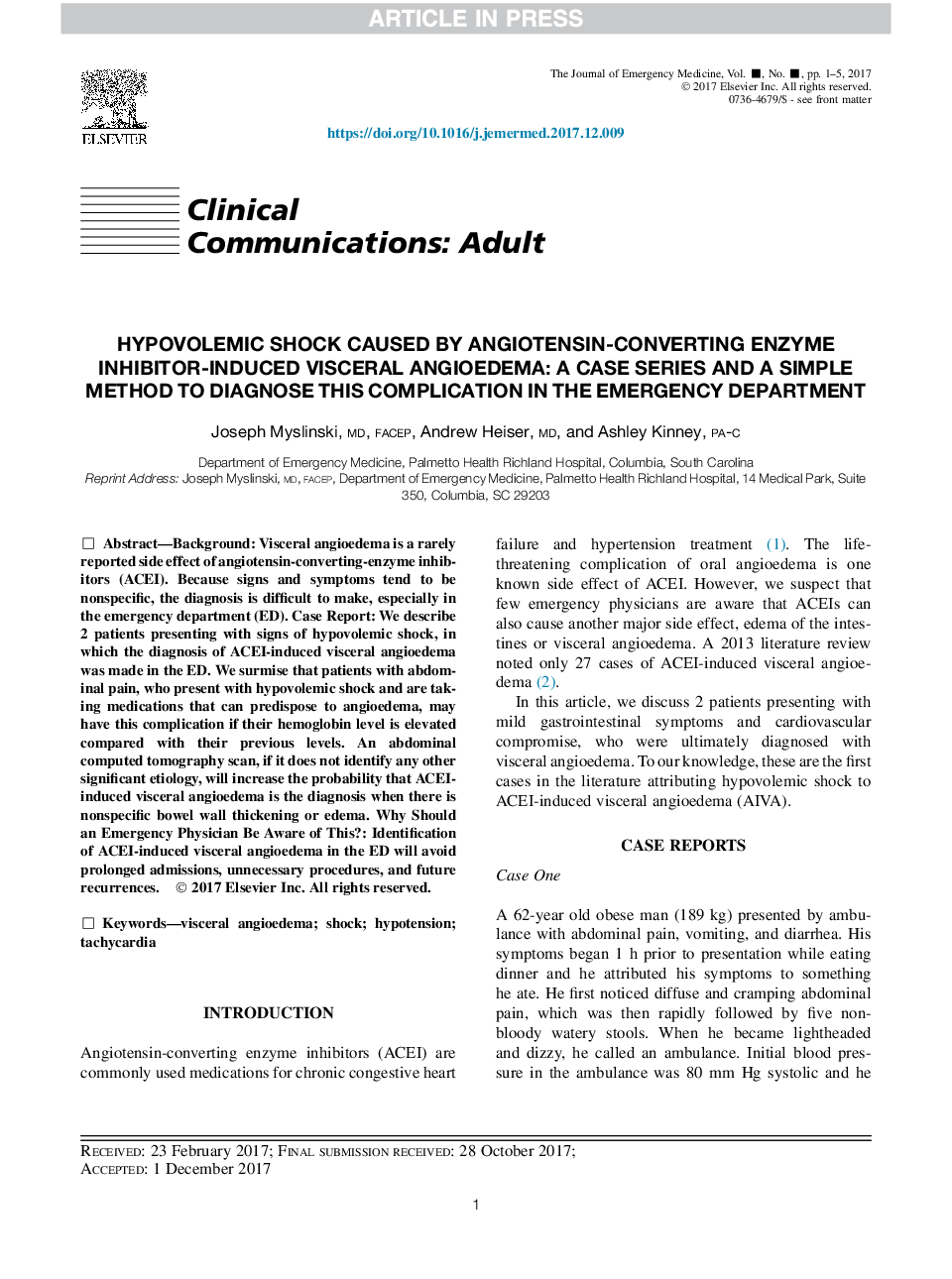 شوک هیپوولومیک ناشی از آنژیوتانسین- تبدیل آنژیوتائمی فسفر ناشی از بازدارنده آنزیم بازدارنده: یک سری مورد و یک روش ساده برای تشخیص این عوارض در بخش اورژانس 