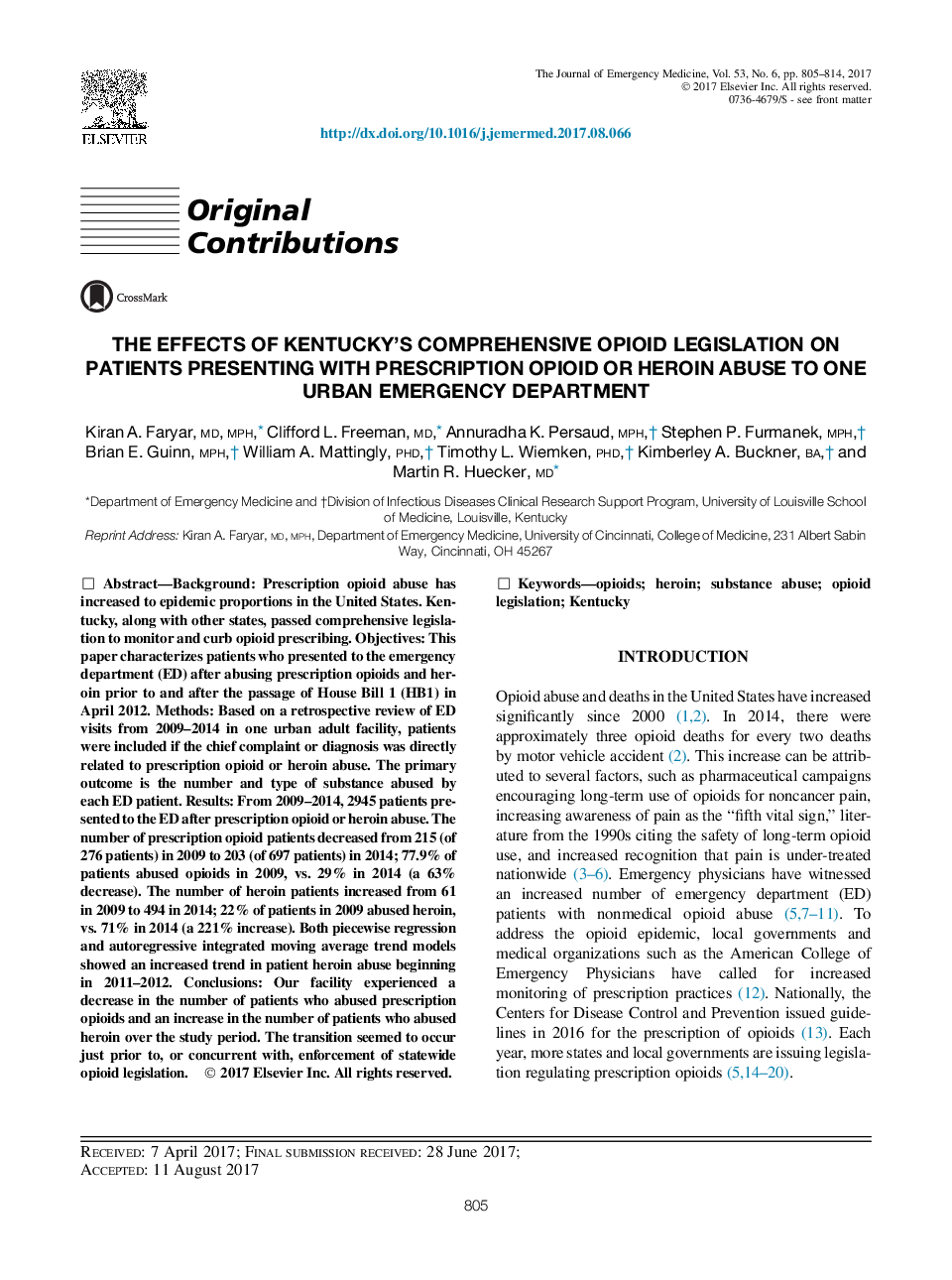 The Effects of Kentucky's Comprehensive Opioid Legislation on Patients Presenting with Prescription Opioid or Heroin Abuse to One Urban Emergency Department