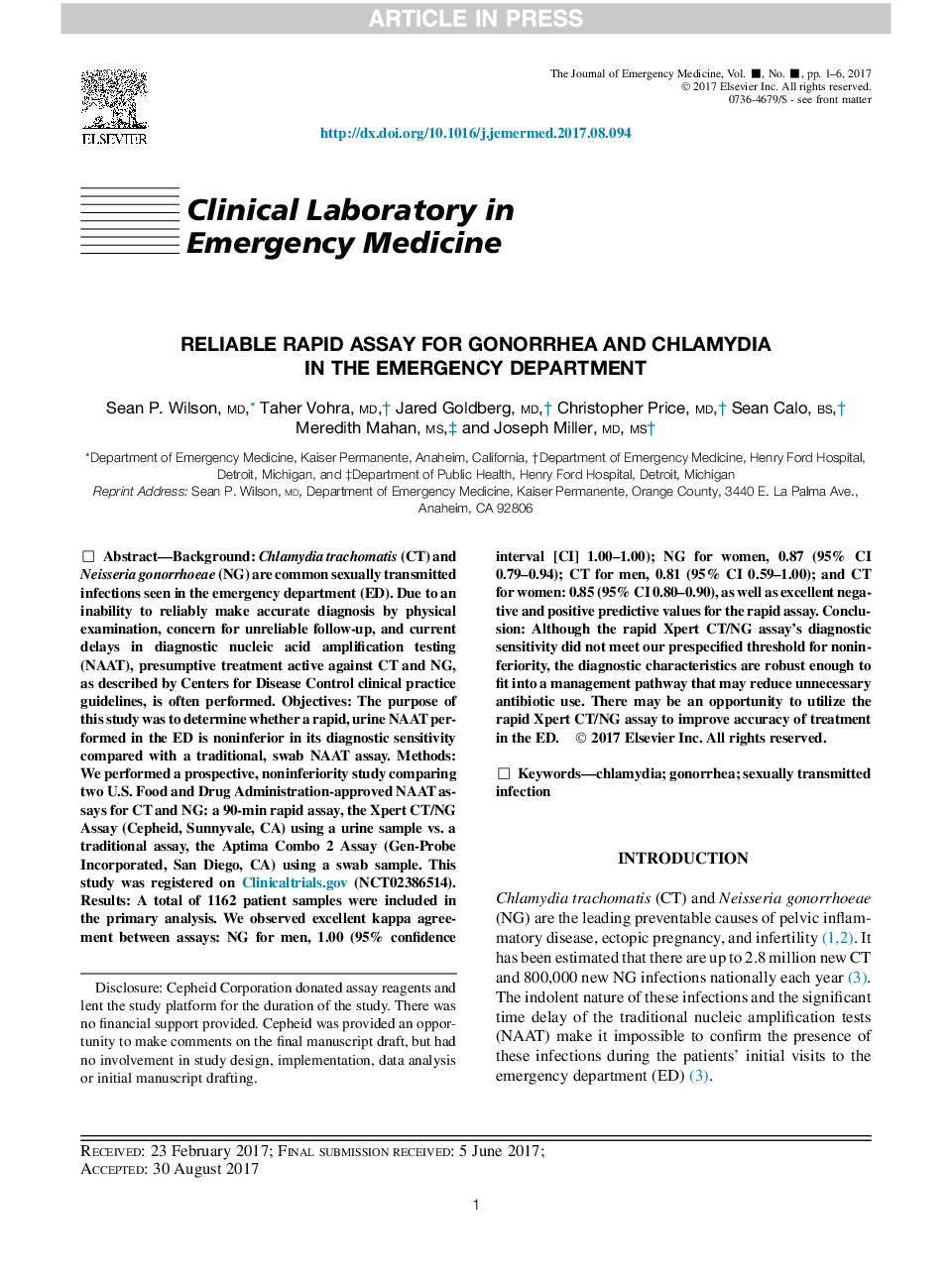 Reliable Rapid Assay for Gonorrhea and Chlamydia inÂ theÂ Emergency Department