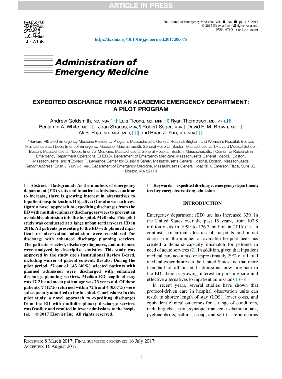 Expedited Discharge from an Academic Emergency Department: AÂ Pilot Program