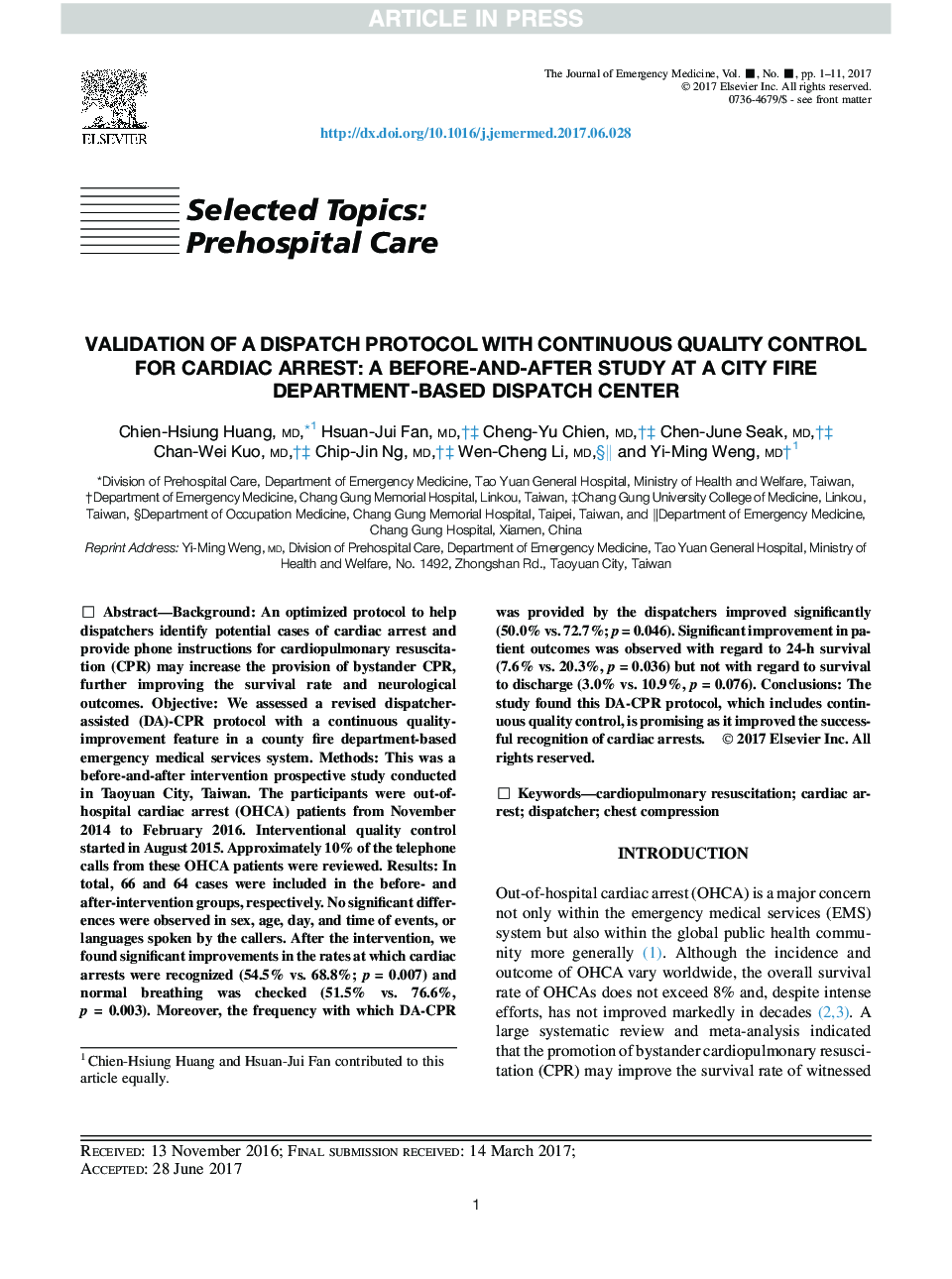 Validation of a Dispatch Protocol with Continuous Quality Control for Cardiac Arrest: A Before-and-After Study at a City Fire Department-Based Dispatch Center