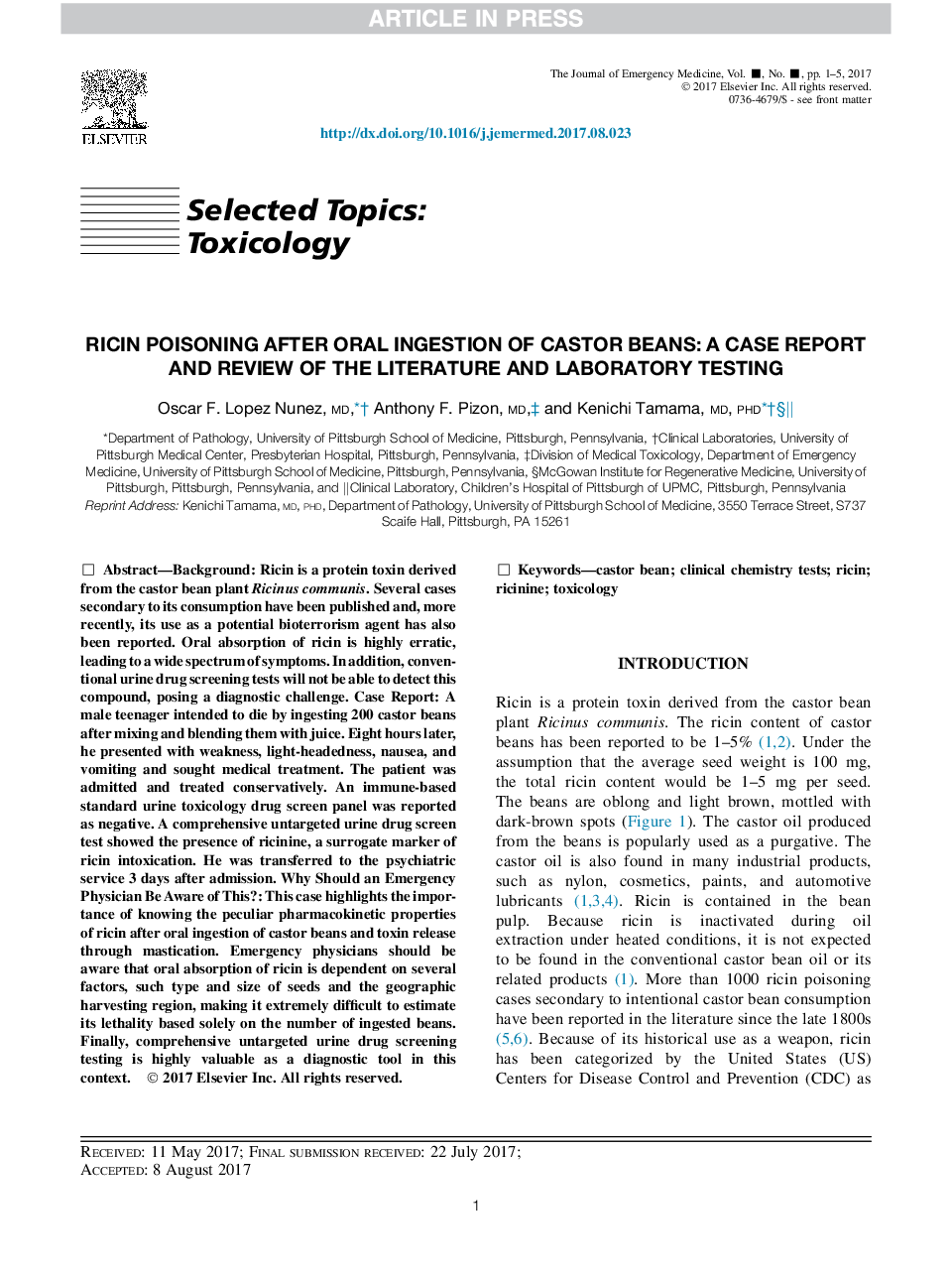 Ricin Poisoning after Oral Ingestion of Castor Beans: A Case Report and Review of the Literature and Laboratory Testing