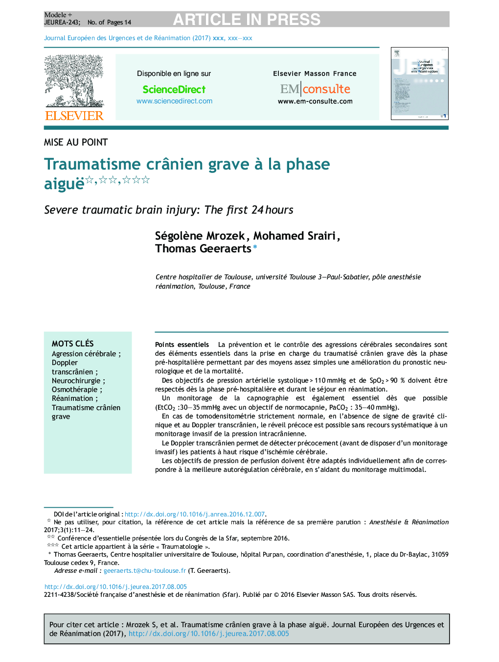 Traumatisme crÃ¢nien grave Ã  la phase aiguë