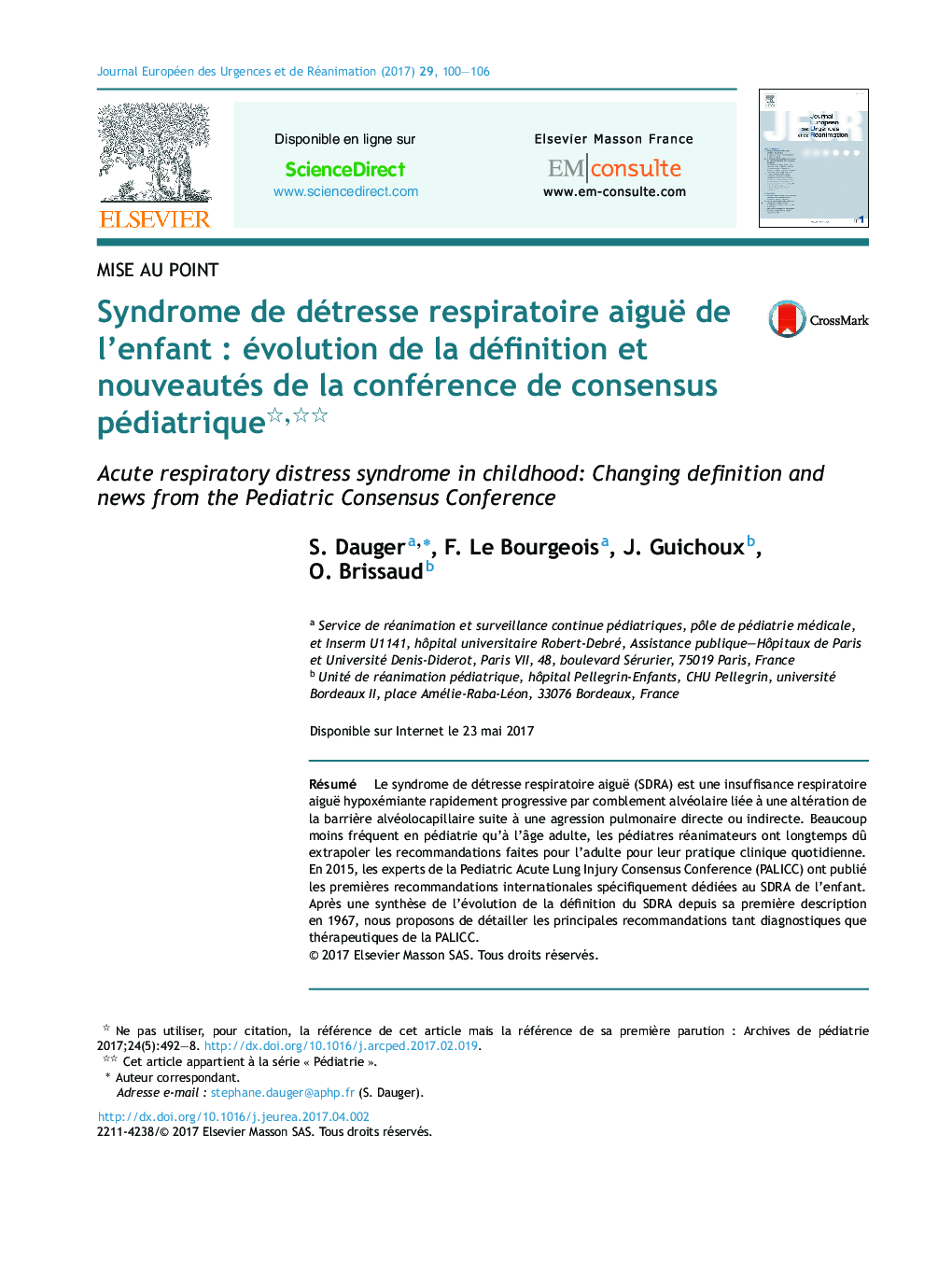Syndrome de détresse respiratoire aiguë de l'enfantÂ : évolution de la définition et nouveautés de la conférence de consensus pédiatrique