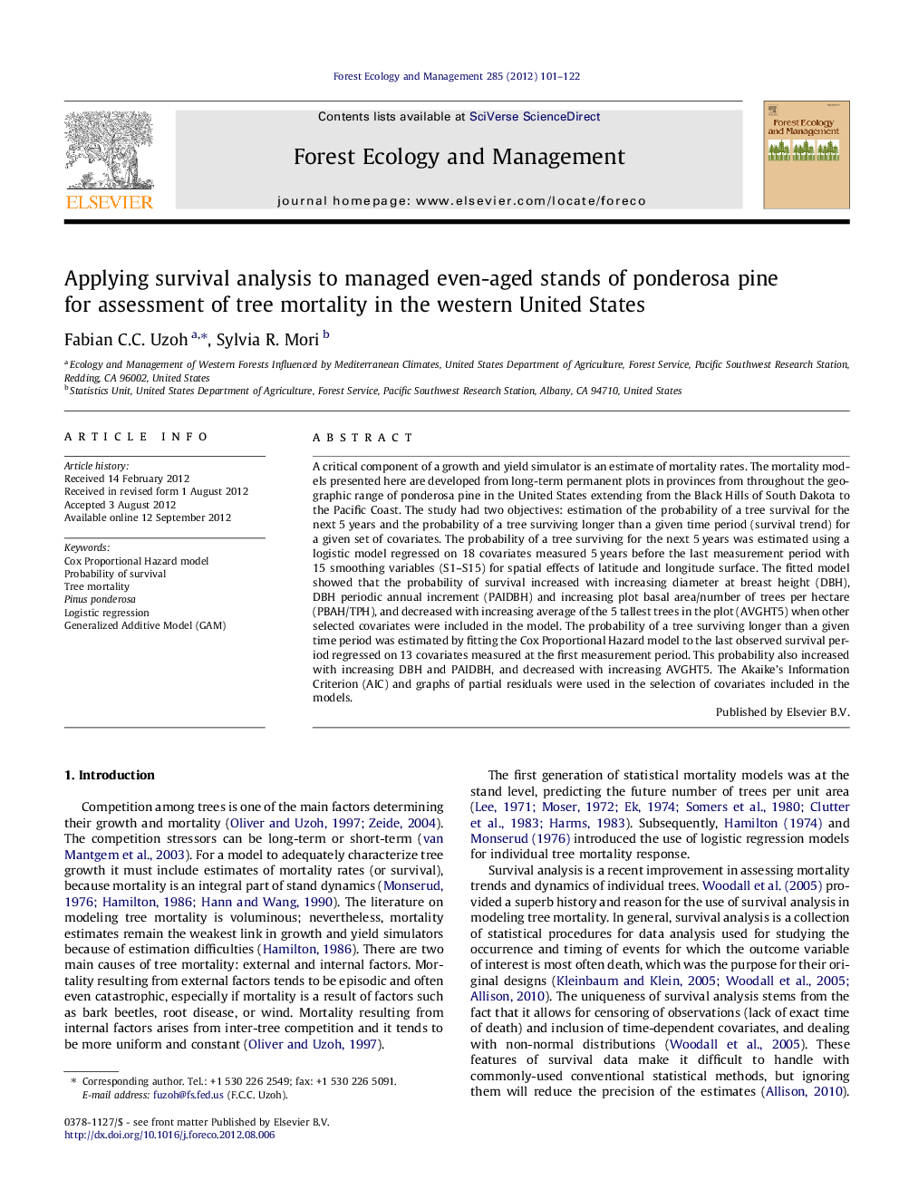 Applying survival analysis to managed even-aged stands of ponderosa pine for assessment of tree mortality in the western United States