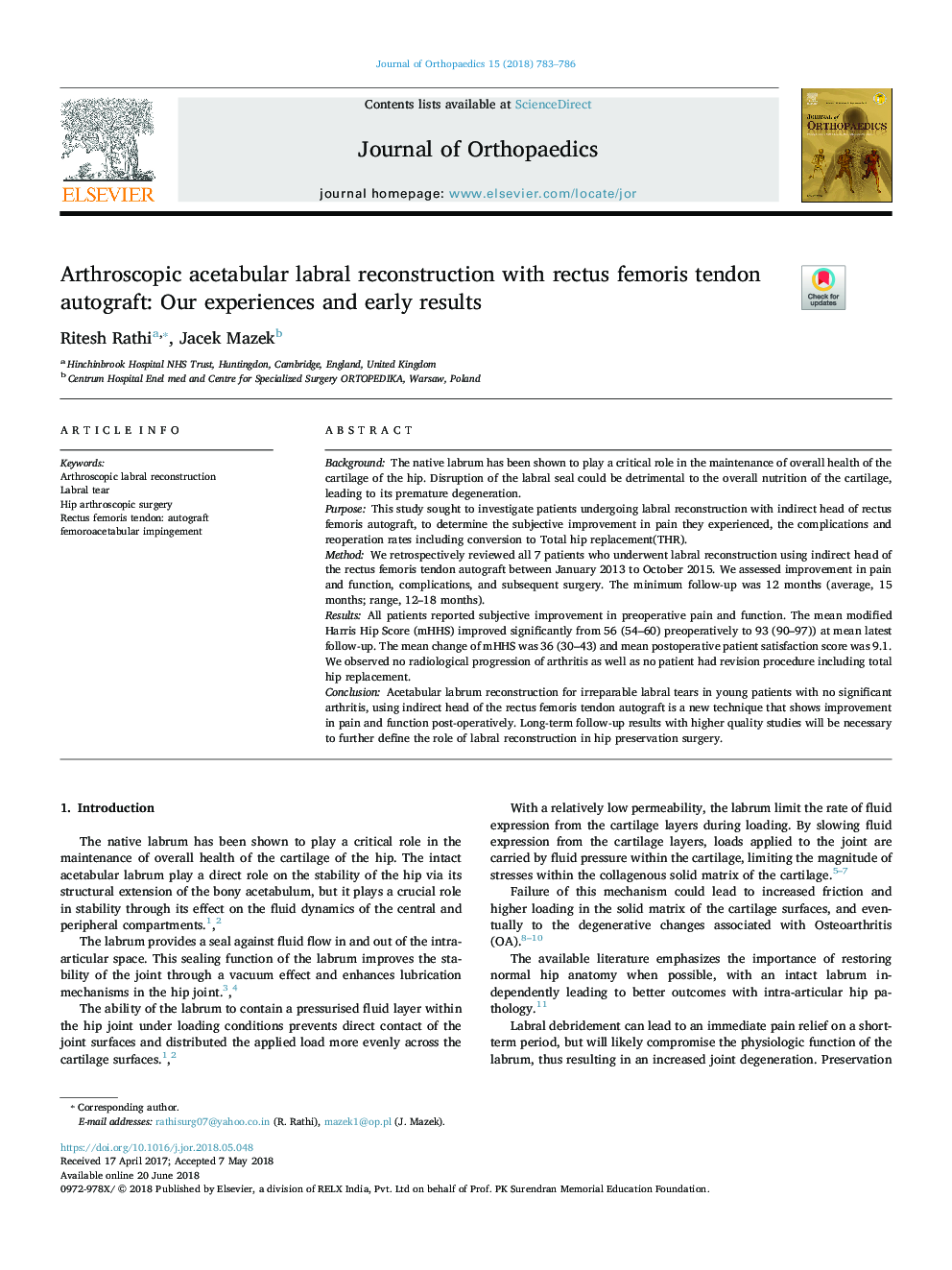 Arthroscopic acetabular labral reconstruction with rectus femoris tendon autograft: Our experiences and early results