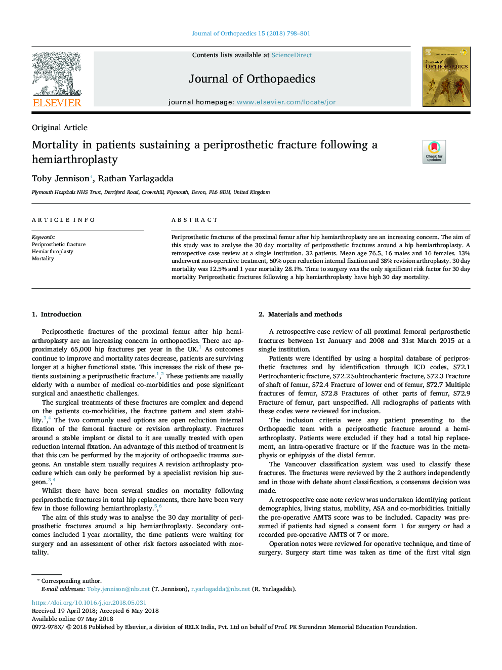 Mortality in patients sustaining a periprosthetic fracture following a hemiarthroplasty