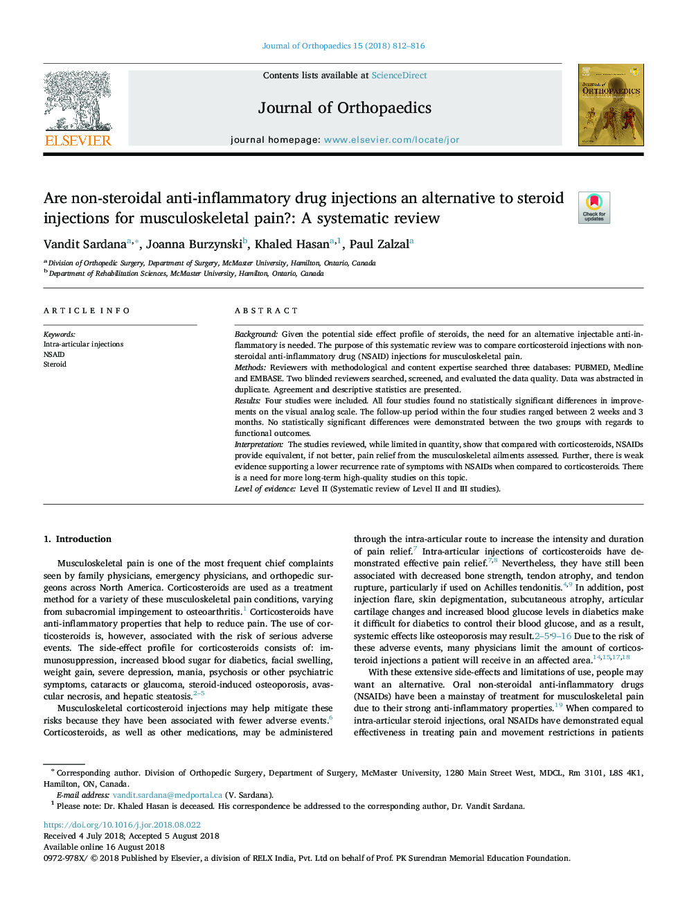 Are non-steroidal anti-inflammatory drug injections an alternative to steroid injections for musculoskeletal pain?: A systematic review