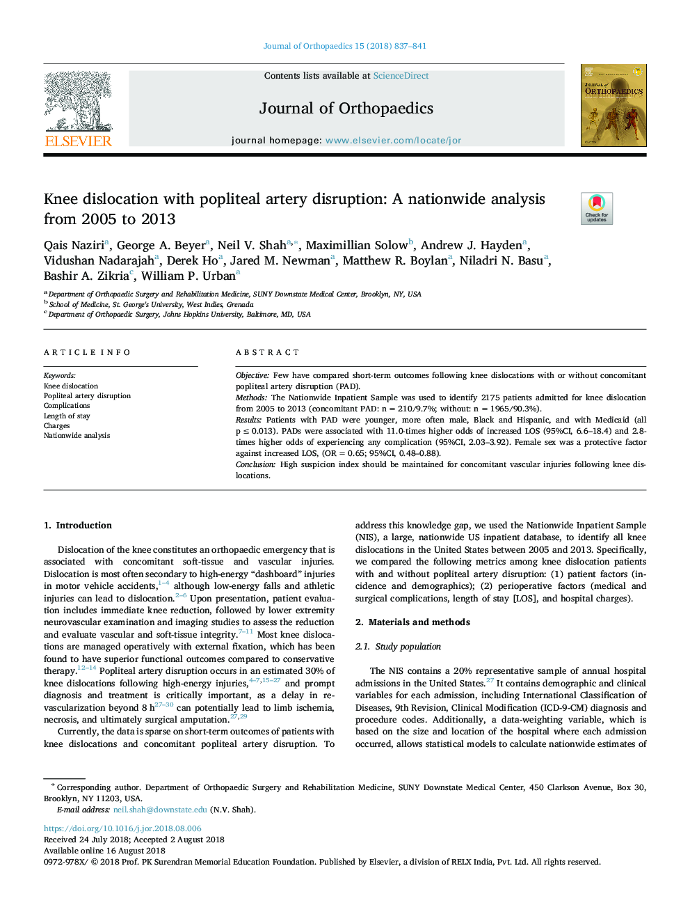 Knee dislocation with popliteal artery disruption: A nationwide analysis from 2005 to 2013