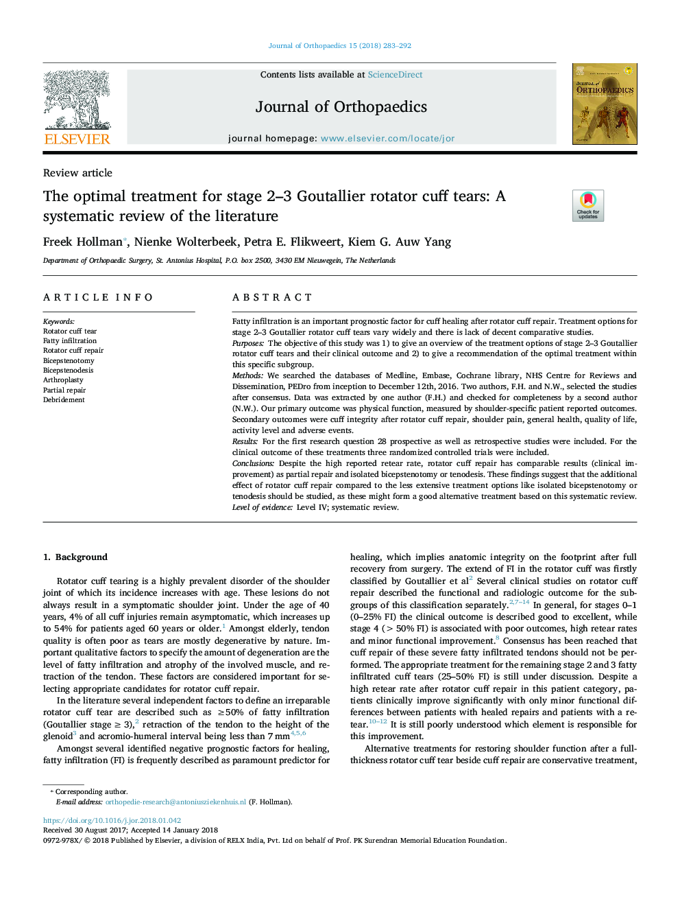 The optimal treatment for stage 2-3 Goutallier rotator cuff tears: A systematic review of the literature