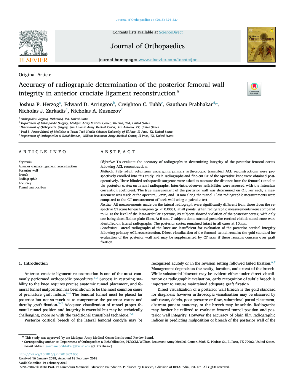 Accuracy of radiographic determination of the posterior femoral wall integrity in anterior cruciate ligament reconstruction