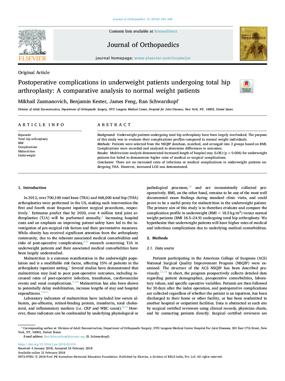 Postoperative complications in underweight patients undergoing total hip arthroplasty: A comparative analysis to normal weight patients