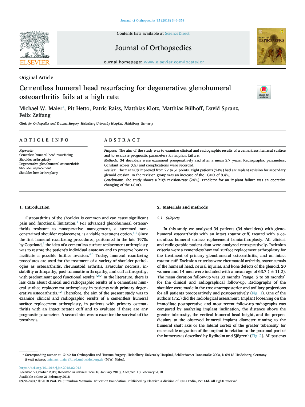 Cementless humeral head resurfacing for degenerative glenohumeral osteoarthritis fails at a high rate