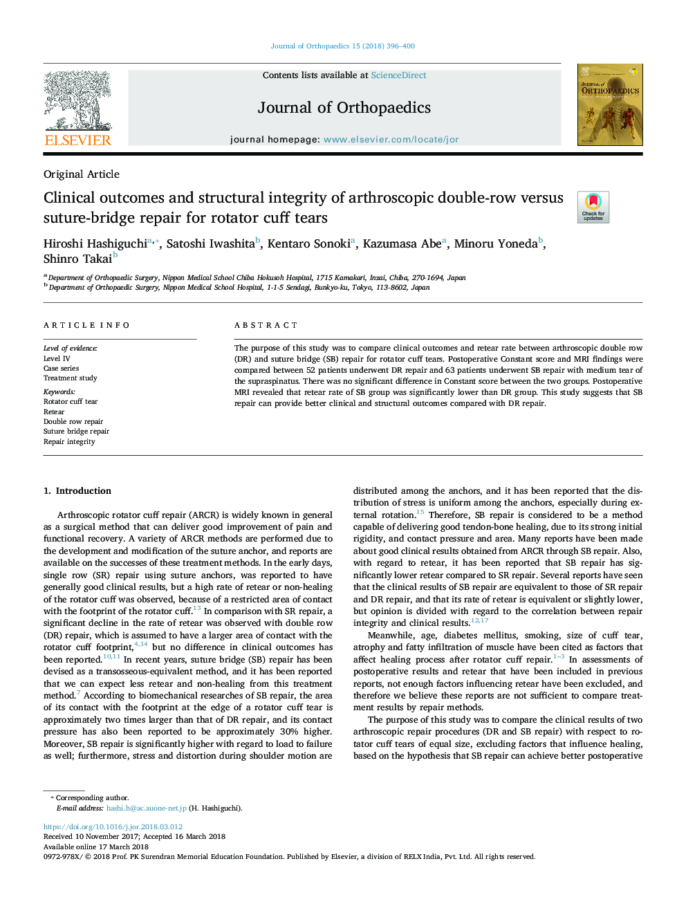 Clinical outcomes and structural integrity of arthroscopic double-row versus suture-bridge repair for rotator cuff tears