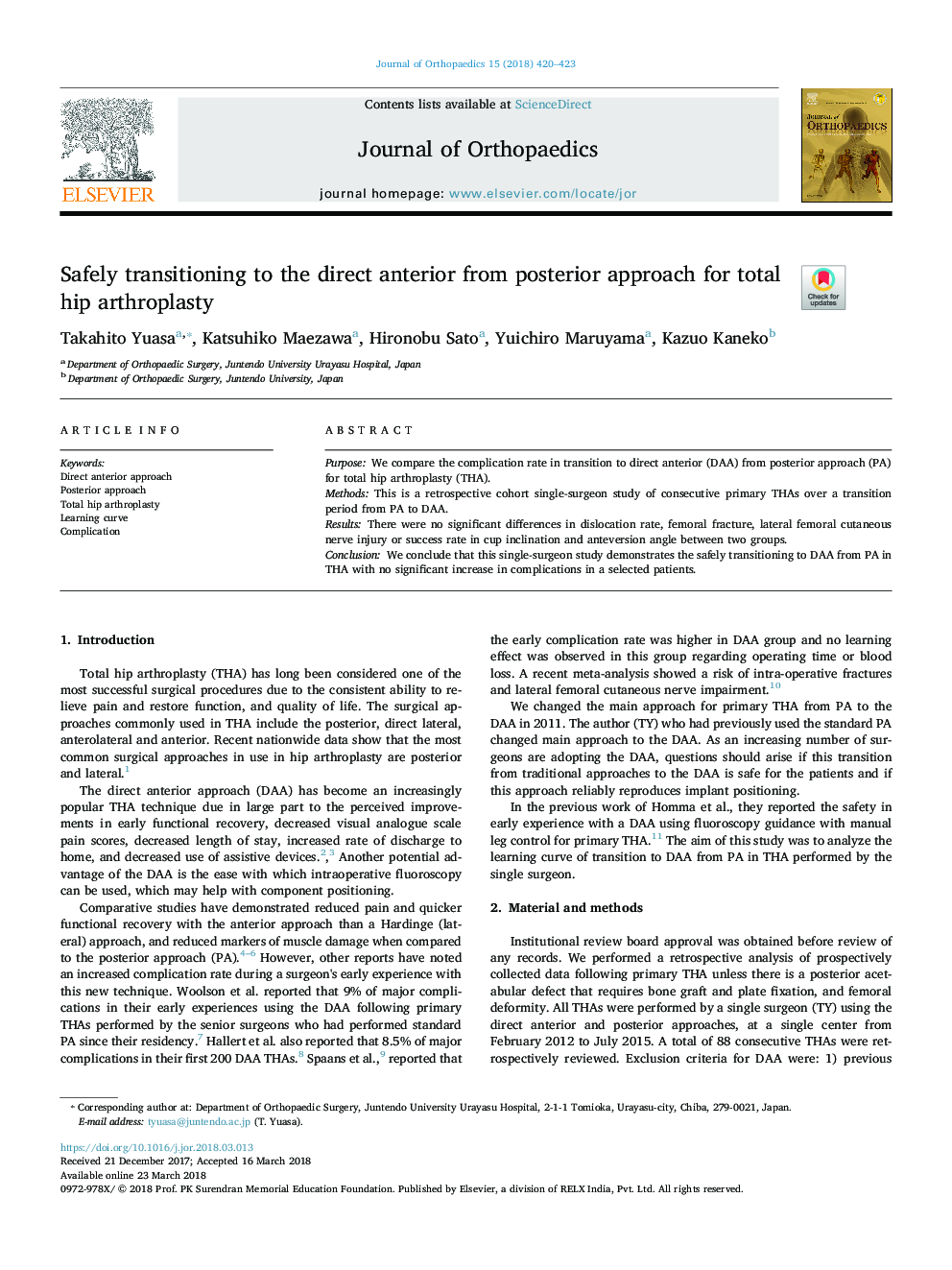 Safely transitioning to the direct anterior from posterior approach for total hip arthroplasty