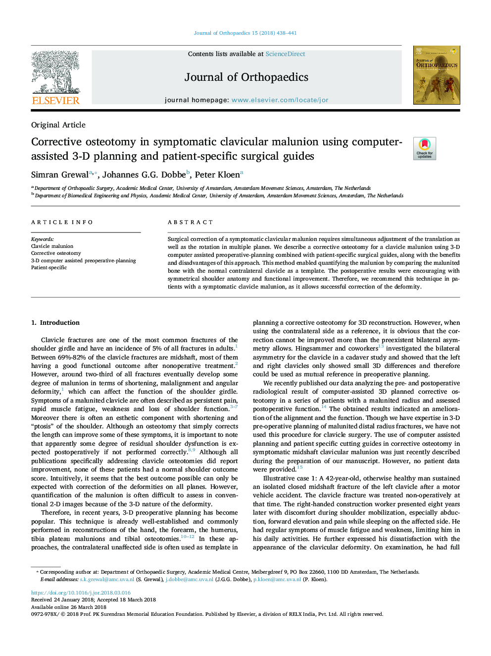 Corrective osteotomy in symptomatic clavicular malunion using computer-assisted 3-D planning and patient-specific surgical guides