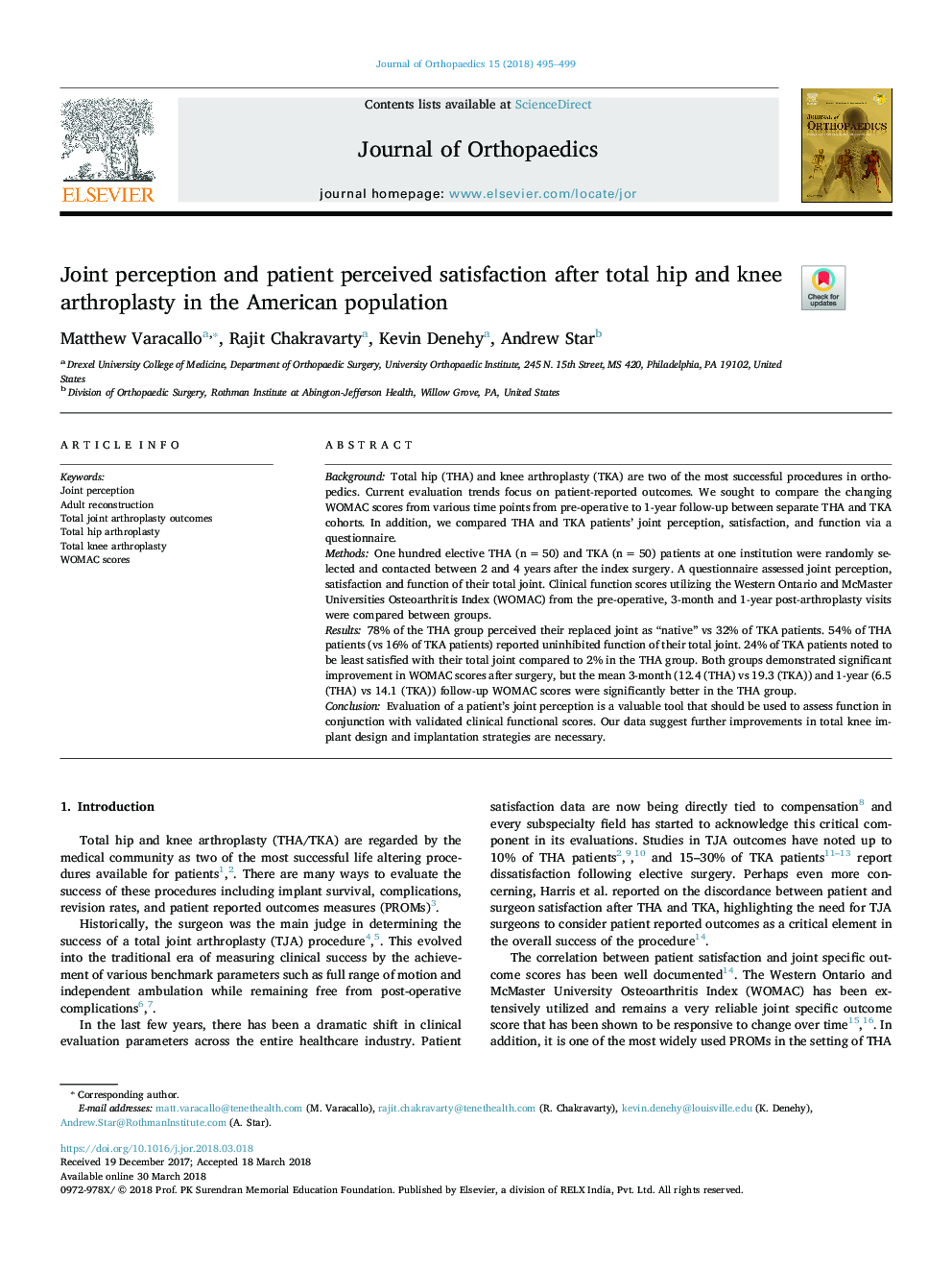 Joint perception and patient perceived satisfaction after total hip and knee arthroplasty in the American population