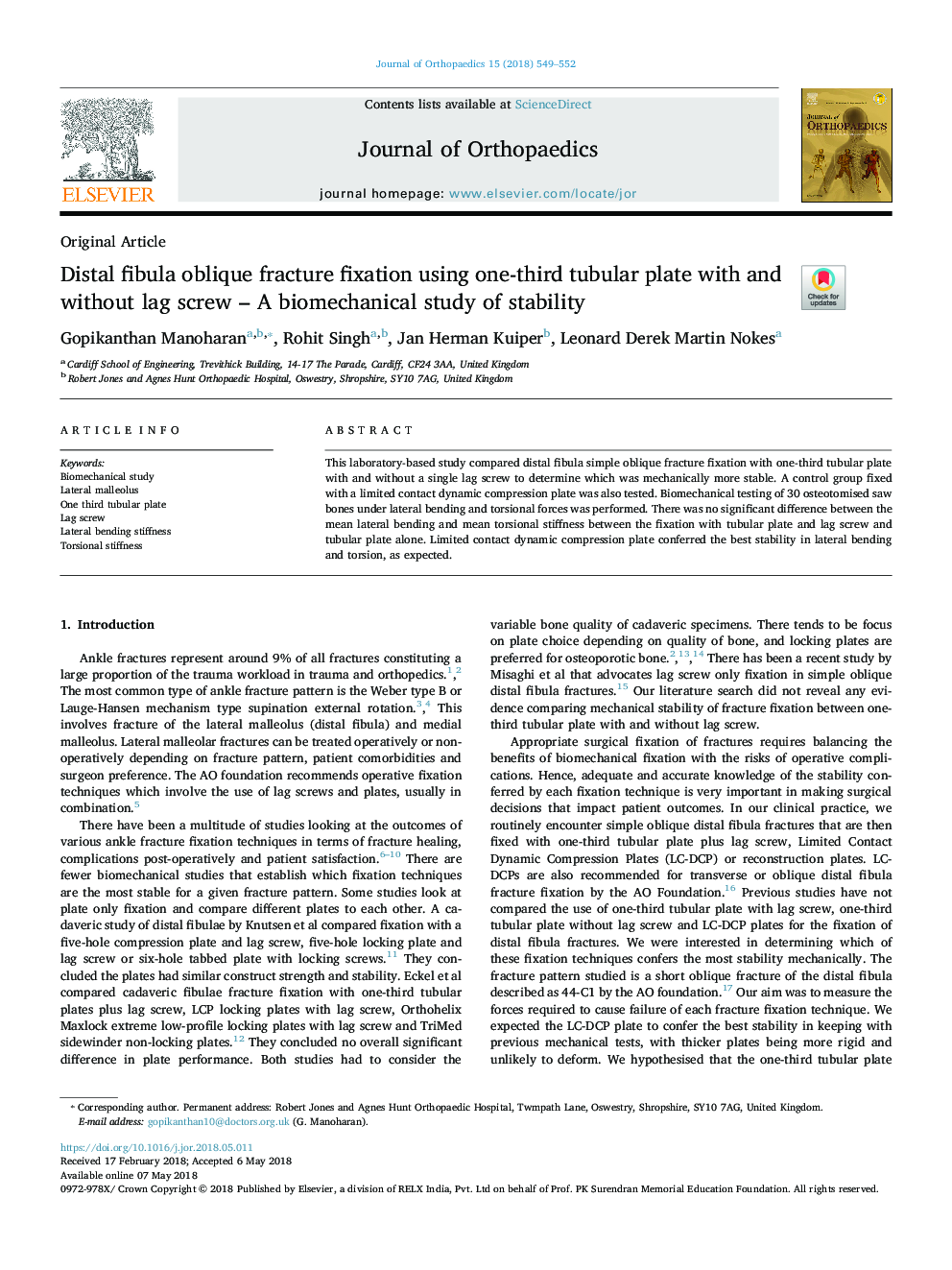 Distal fibula oblique fracture fixation using one-third tubular plate with and without lag screw - A biomechanical study of stability