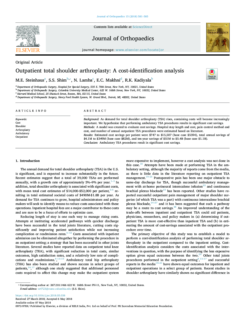 Outpatient total shoulder arthroplasty: A cost-identification analysis