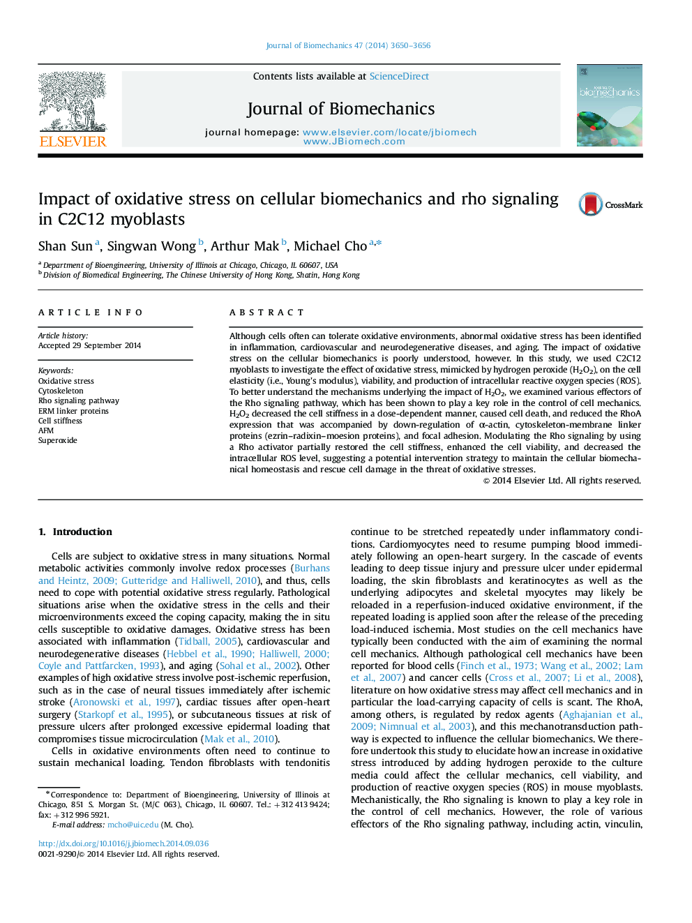 Impact of oxidative stress on cellular biomechanics and rho signaling in C2C12 myoblasts