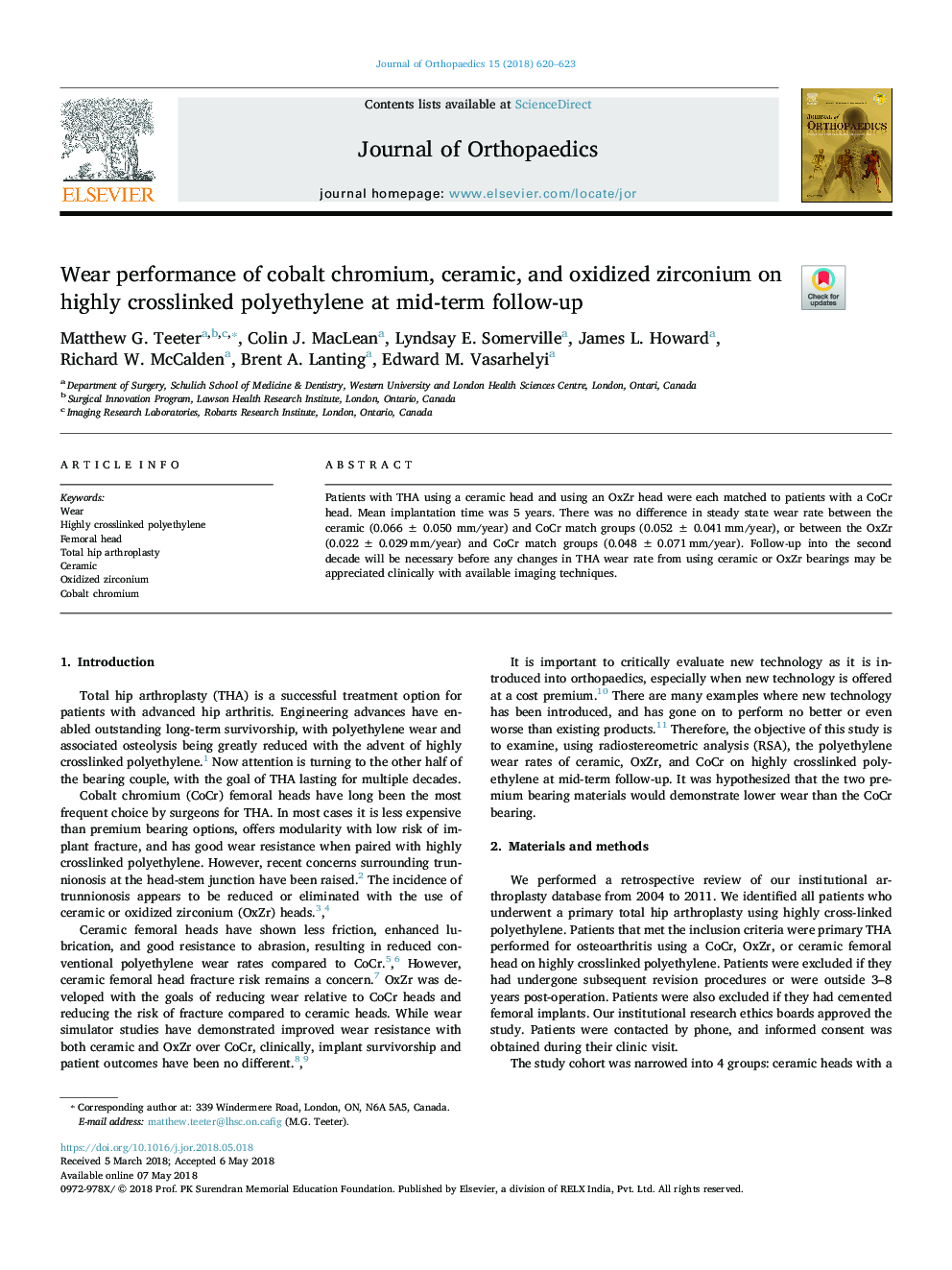 Wear performance of cobalt chromium, ceramic, and oxidized zirconium on highly crosslinked polyethylene at mid-term follow-up